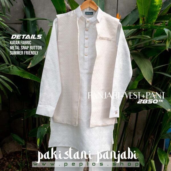Pakistani Style Panjabi + Vest + Pajama (White) - Image 4