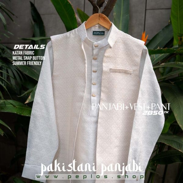 Pakistani Style Panjabi + Vest + Pajama (White) - Image 5
