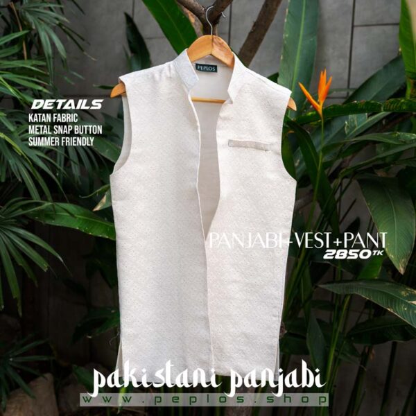 Pakistani Style Panjabi + Vest + Pajama (White) - Image 3