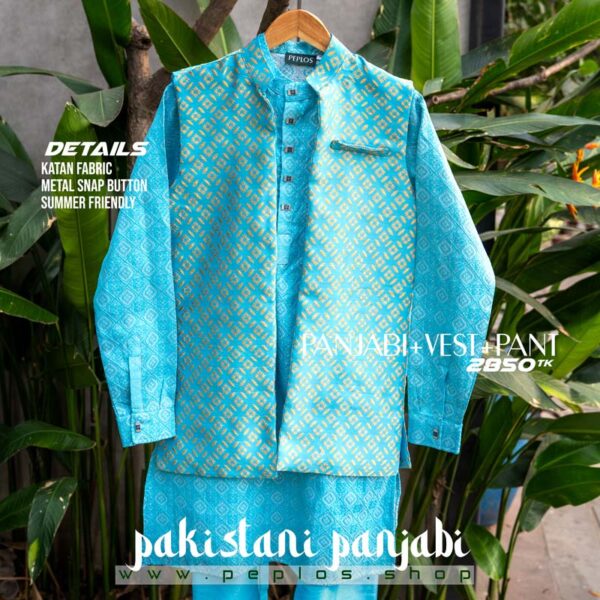 Pakistani Style Panjabi Sky Blue (Panjabi+Vest+Pant) - Image 2