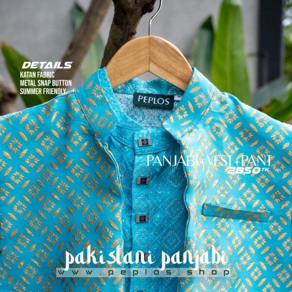 Pakistani Style Panjabi Sky Blue (Panjabi+Vest+Pant) - Image 4