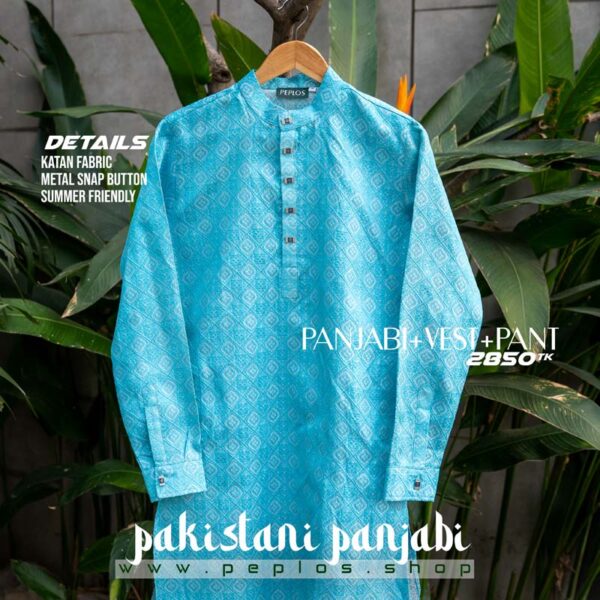 Pakistani Style Panjabi Sky Blue (Panjabi+Vest+Pant) - Image 3