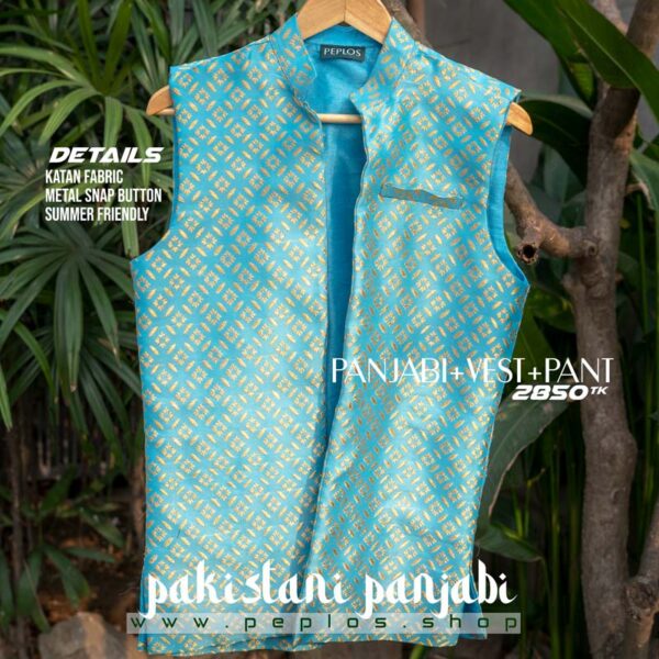 Pakistani Style Panjabi Sky Blue (Panjabi+Vest+Pant) - Image 5